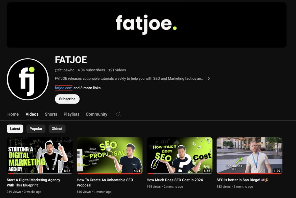 Screenshot of FATJOE's Youtube channel