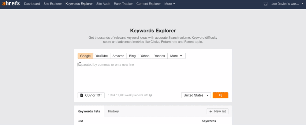 a screenshot of the Ahrefs Keyword Explorer for keyword research