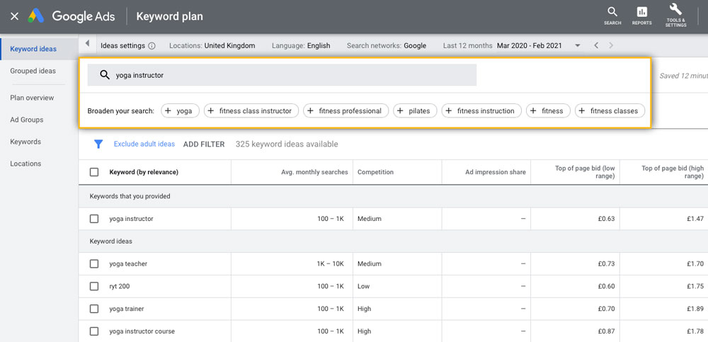 A screenshot of the google keyword planner suggesting new search terms