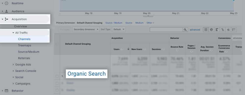 The organic search report on Google Analytics SEO Metrics
