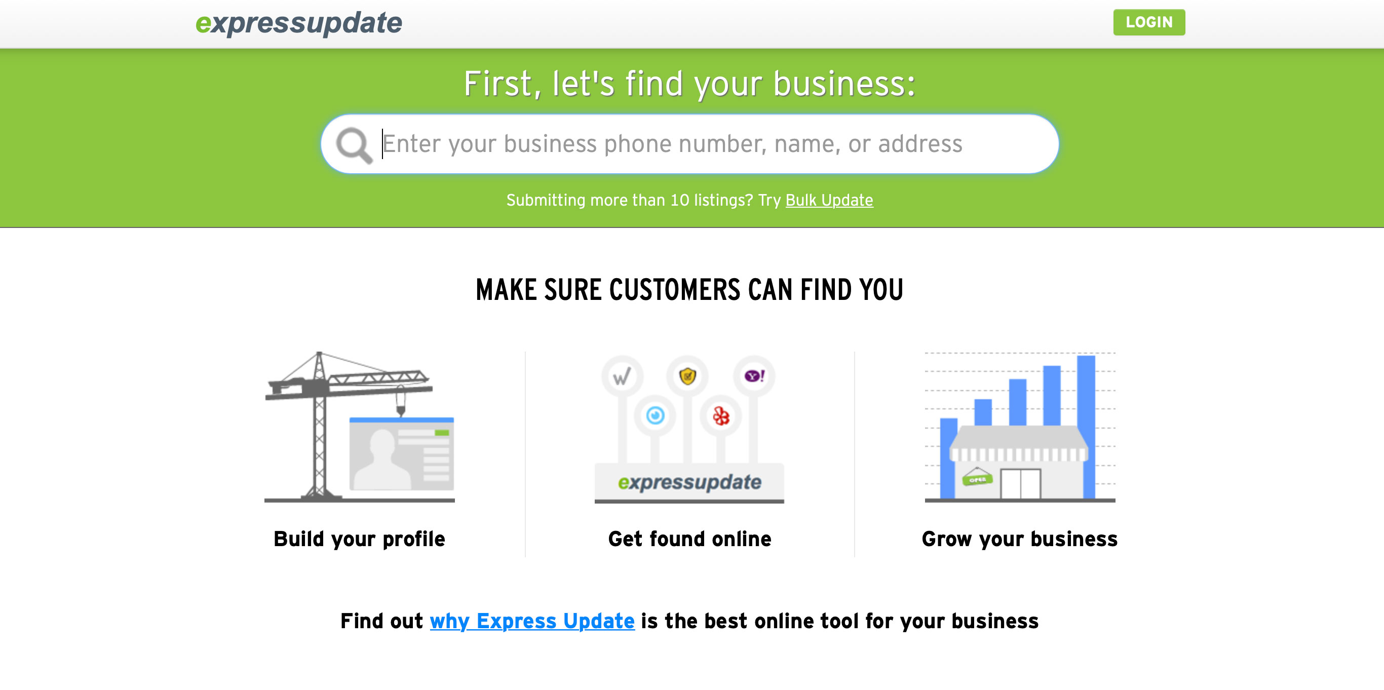 A screenshot of the Express Update homepage for local SEO in the USA