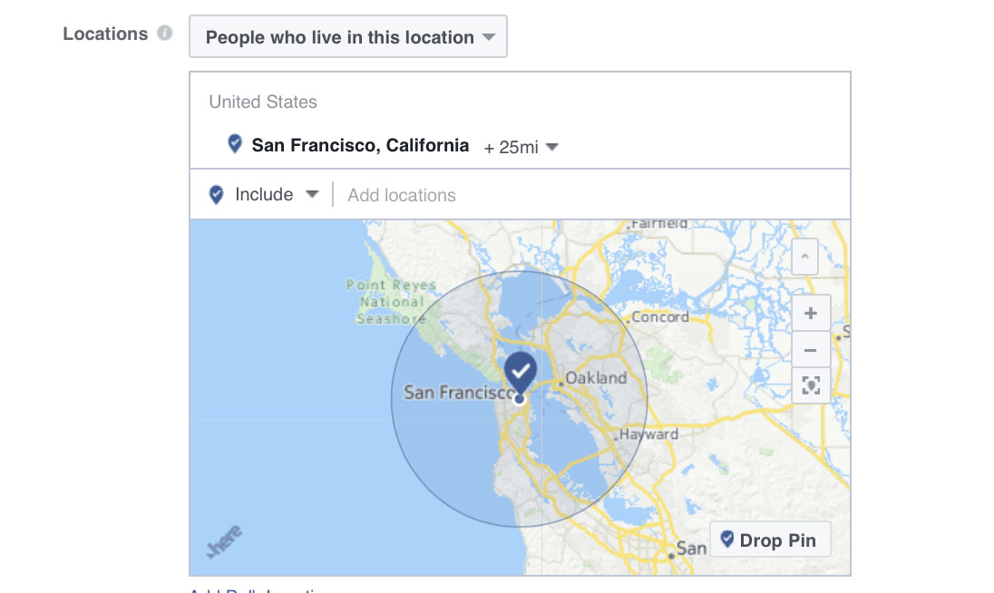 A screenshot of the process of selecting a location range to target with your Facebook Ads