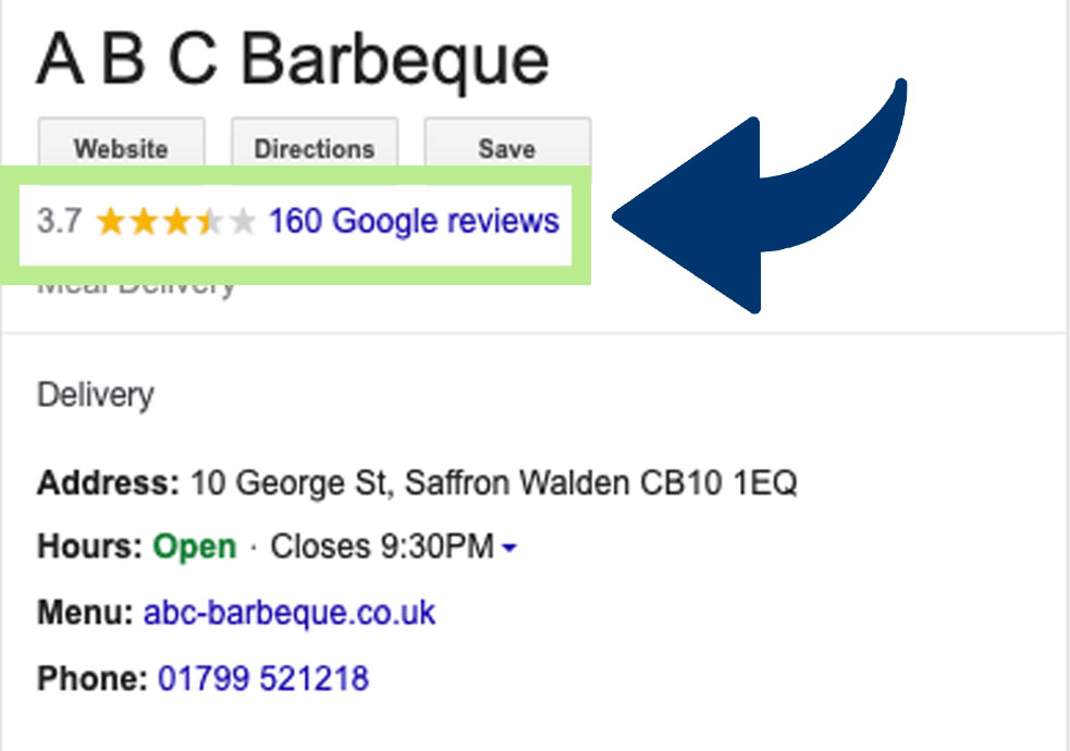 A screenshot of an example of a Local SEO Google Review and where to find this in the SERPs