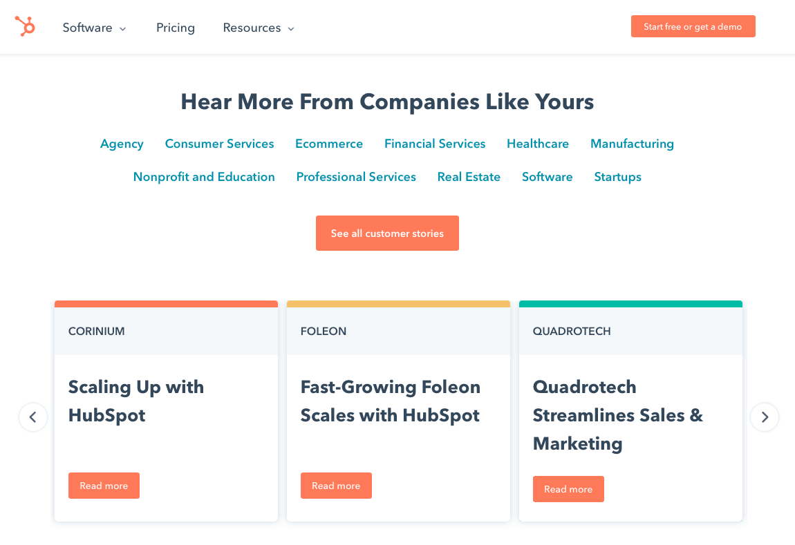 A screenshot of the case studies on Hubspot