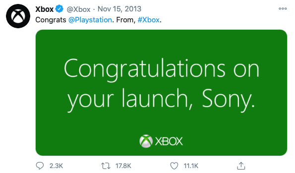 A screenshot of a twitter post from Xbox to Playstation which went viral