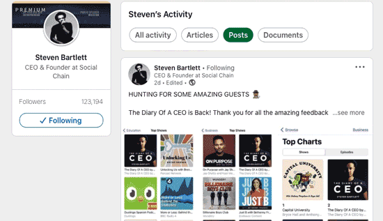 A screenshot of Steven Barlett's LinkedIn Profile as a LinkedIn influencer