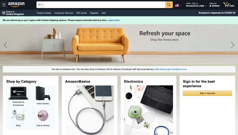 Screenshot of the Amazon homepage