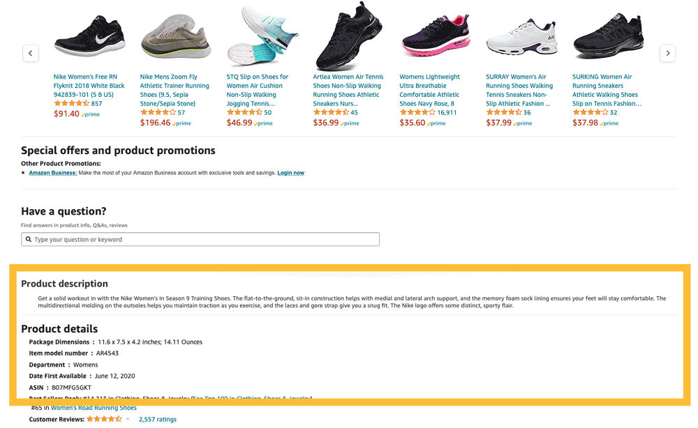 A screenshot of the product descriptions for Amazon ecommerce products