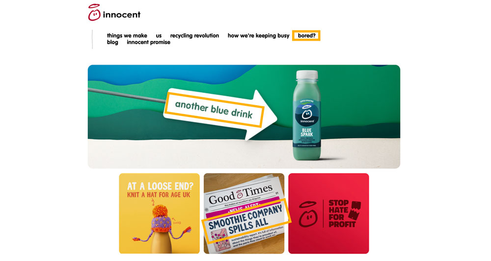 highlighting the language and tone of voice used by Innocent Smoothie on their website homepage