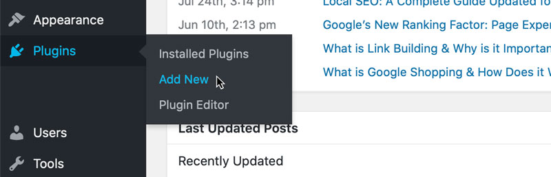 A screenshot showing where to add a new plugin to WordPress