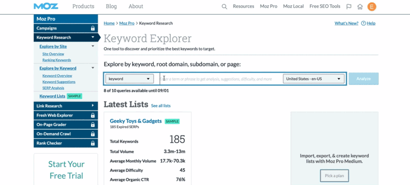 Screenshot of how to use the Moz Keyword Planner