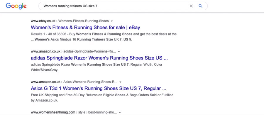 A screenshot of the SERPs results for men's running shoes