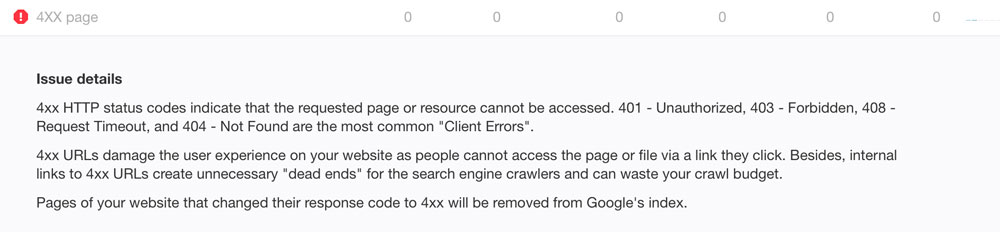 A screenshot of the explanation for 404 errors on the Ahrefs site audit report