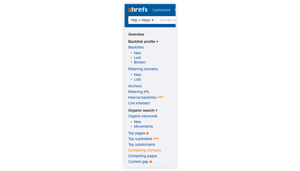 A screenshot of the Ahrefs menu where you can find info on the competing domains