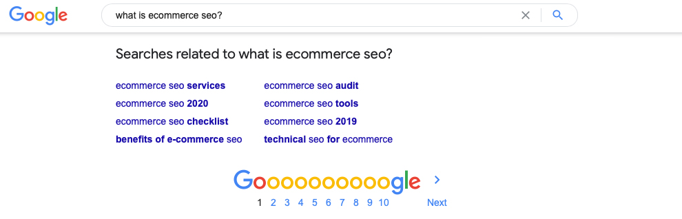 A screenshot of the searches related to 'what is ecommerce seo?'