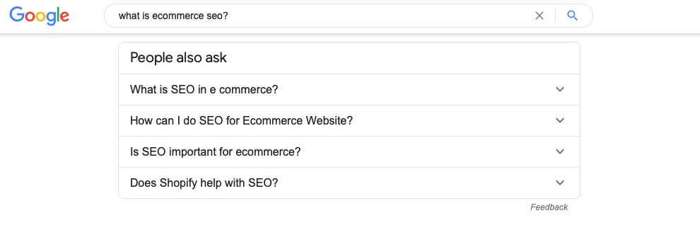 A screenshot of the Google suggested keywords for 'what is ecommerce seo?'