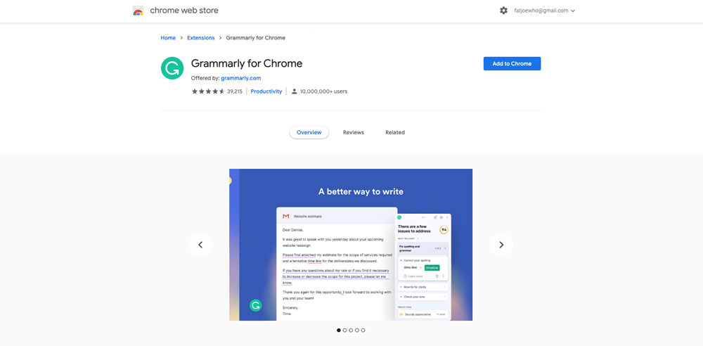 A screenshot of the Grammarly chrome extension