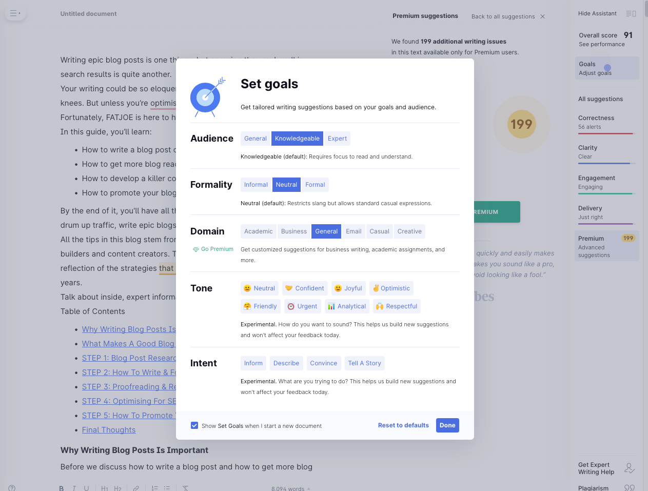 A screenshot of the Grammarly tool for content marketing strategy