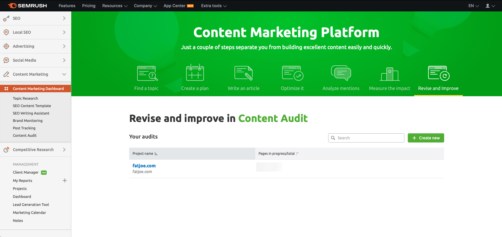 A screenshot of the SEMrush content audit platform which you can use for your content marketing strategy