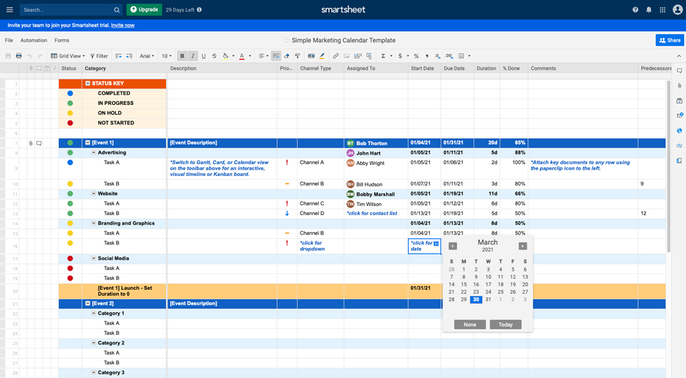 a screenshot of the Smartsheet template as part fo the content marketing strategy