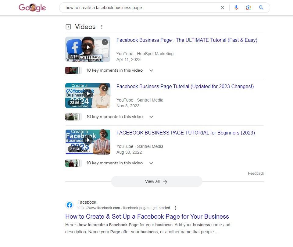 Video results in Google example
