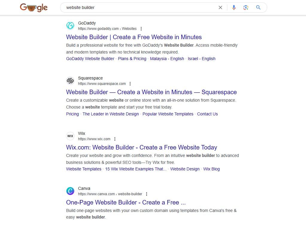 SERP example for landing pages